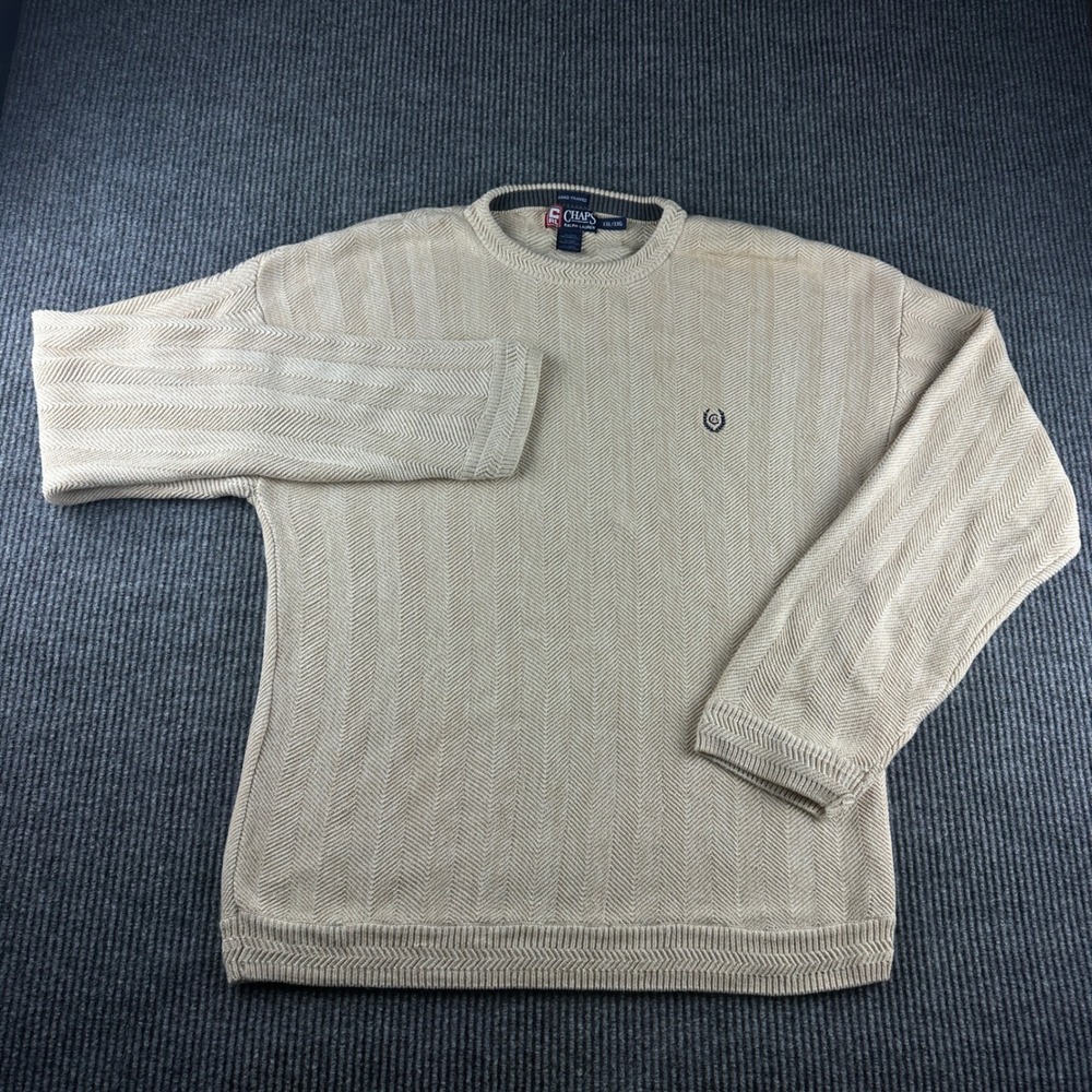 Chaps Ralph Lauren Mens XXL Beige Herringbone Knit Cotton Crewneck Sweater 2709